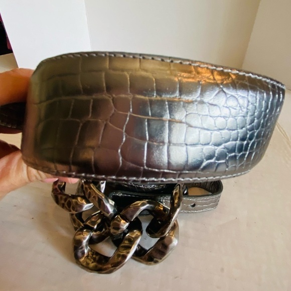 Vintage Sandy Duftler Genuine Leather Silver Gunmetal Metallic Belt L - Picture 11 of 16